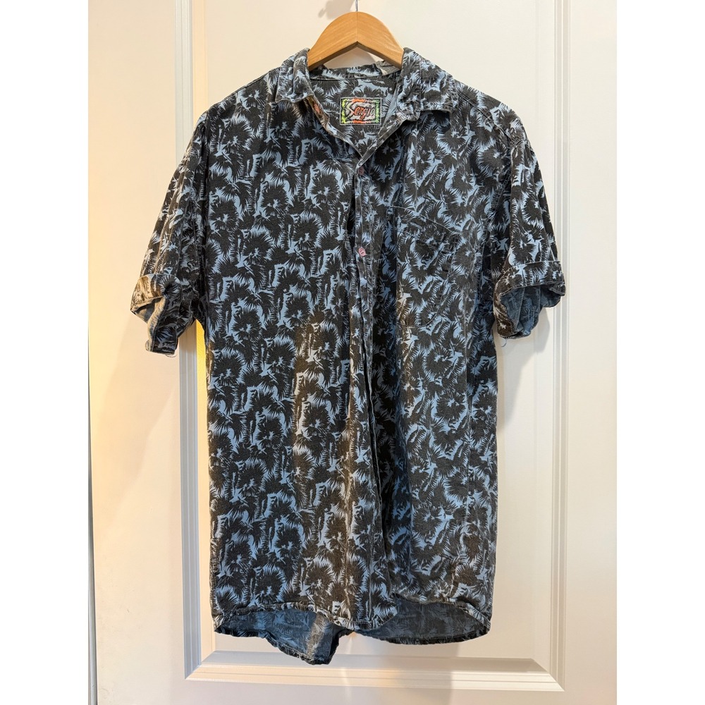 Sergio Vintage Mens Medium Palm Tree Print Cotton Short Sleeve Button Down Shirt